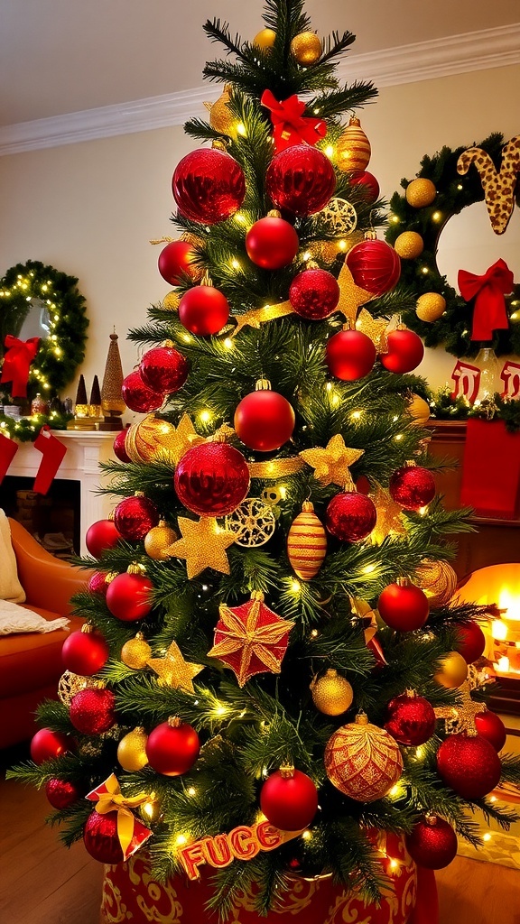 Aesthetic Red Christmas Tree Ideas Aesthetic red Christmas tree with red ornaments and gold accents in a cozy living room.